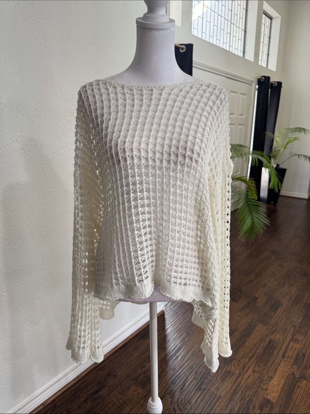POL Open-Weave Poncho Sweater in Cream